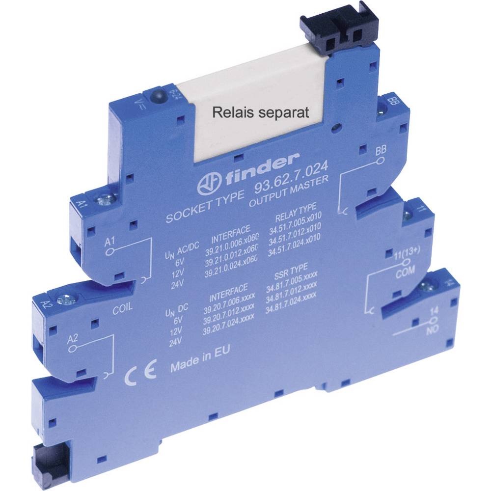 Finder 93.62.8.230 Relaissocket Met houderbeugel, Met LED, Met EMC-ontstoringsschakeling Geschikt voor serie:  serie 34  34.51,  34.81 Tray 1