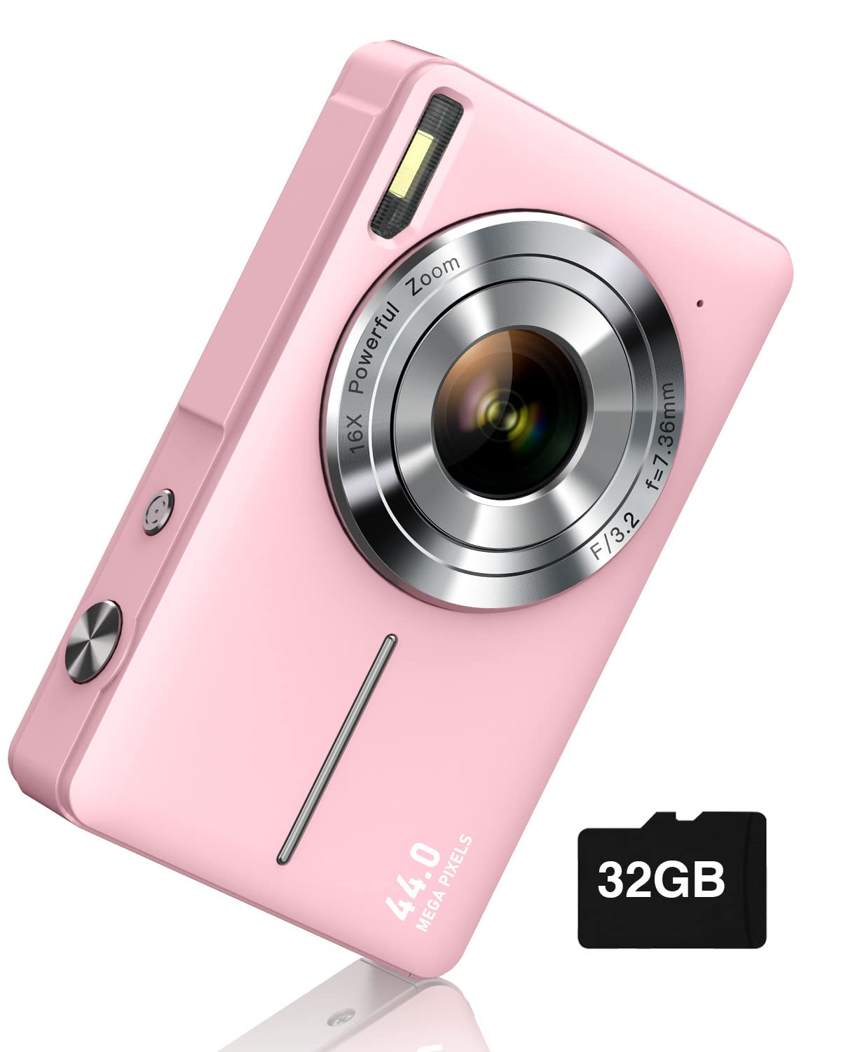 Thanos tool Digitale camera, 1080P kindercamera 44MP point-and-shoot digitale camera met 32GB SD-kaart, 16x zoom, twee batterijen, koord, kleine compacte camera roze