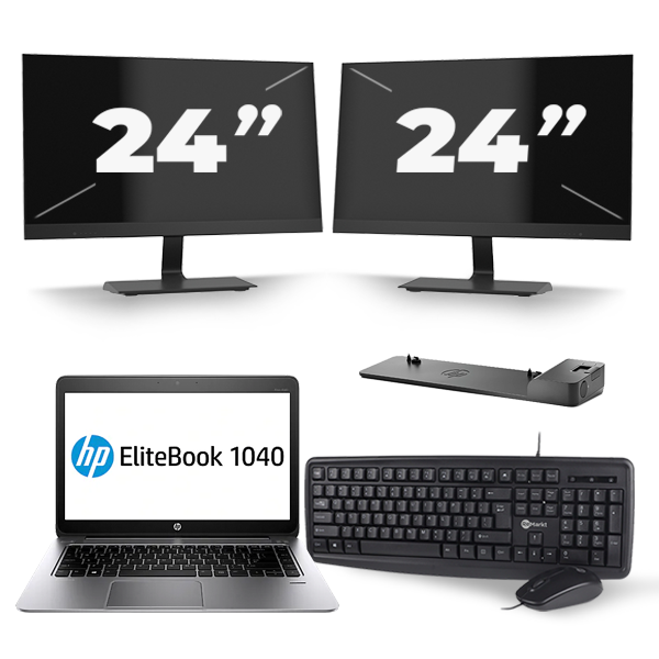 HP EliteBook Folio 1040 G2 - Intel Core i5-5e Generatie - 14 inch - 8GB RAM - 256GB SSD - Windows 11 + 2x 24 inch Monitor
