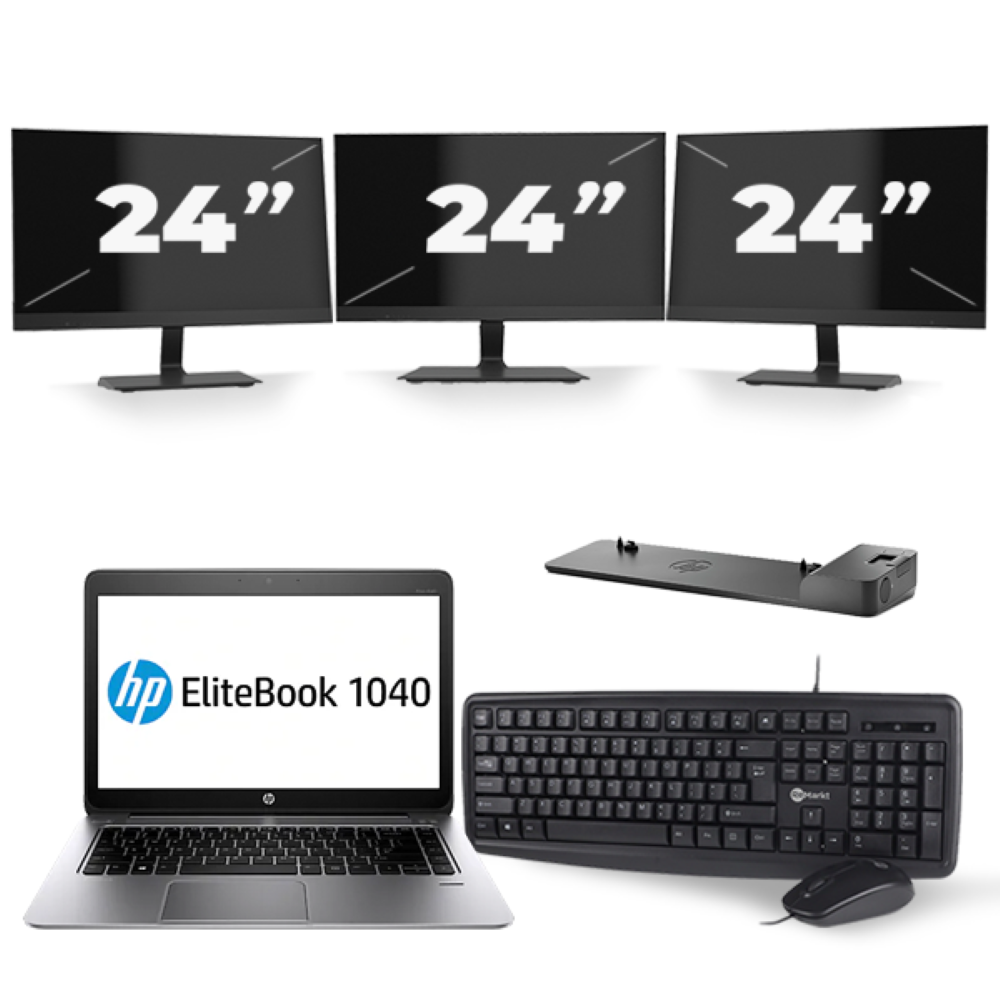 HP EliteBook Folio 1040 G2 - Intel Core i5-5e Generatie - 14 inch - 8GB RAM - 256GB SSD - Windows 11 + 3x 24 inch Monitor