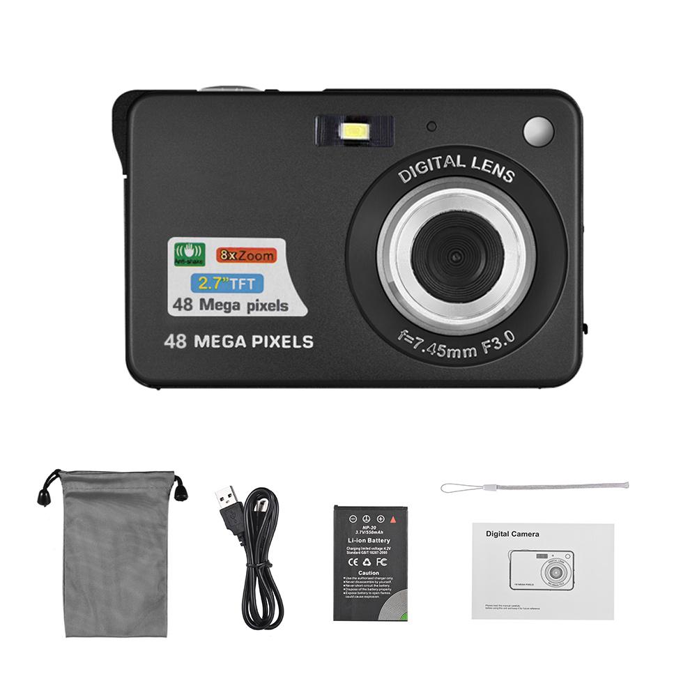 Essager Electronic 1080p Digitale Camera Video Camcorder 48mp Anti-shake 8x Zoom 2.7  LCD Scherm Gezichtsdetectie Ingebouwde Batterij Voor Kinderen Tieners Geschenken With 64GB TF Card zwart