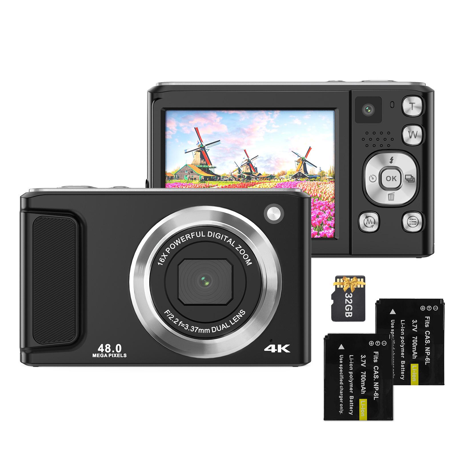 Honor Electronics 4K Digitale Camera Digitale Videocamera 48MP Dubbele Lens 2.8 Inch IPS Scherm Autofocus 16X Digitaal with 2 Batteries zwart