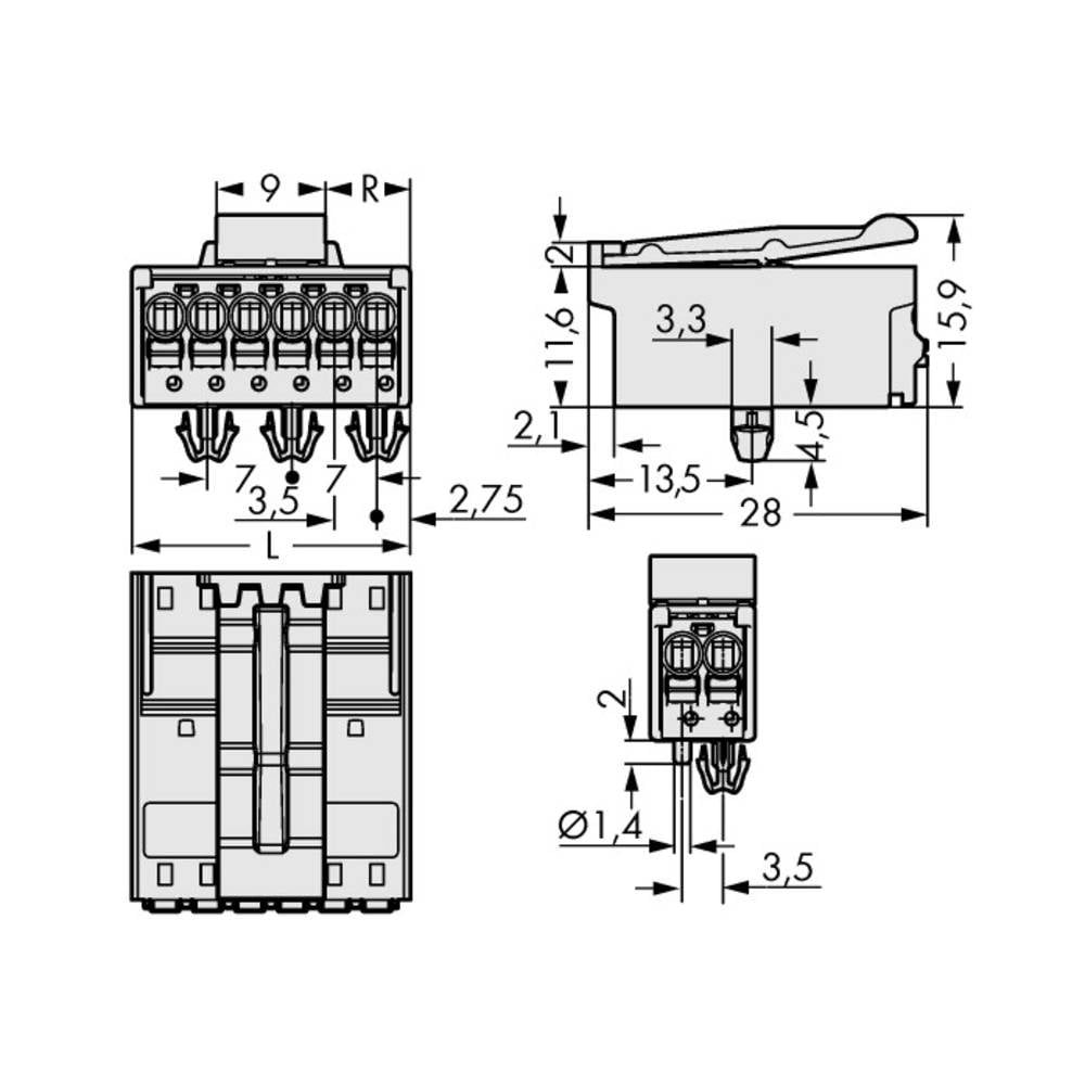 WAGO 2091-1524/020-000 Male behuizing (board) 2091 Totaal aantal polen: 4 Rastermaat: 3.50 mm Inhoud: 200 stuk(s)
