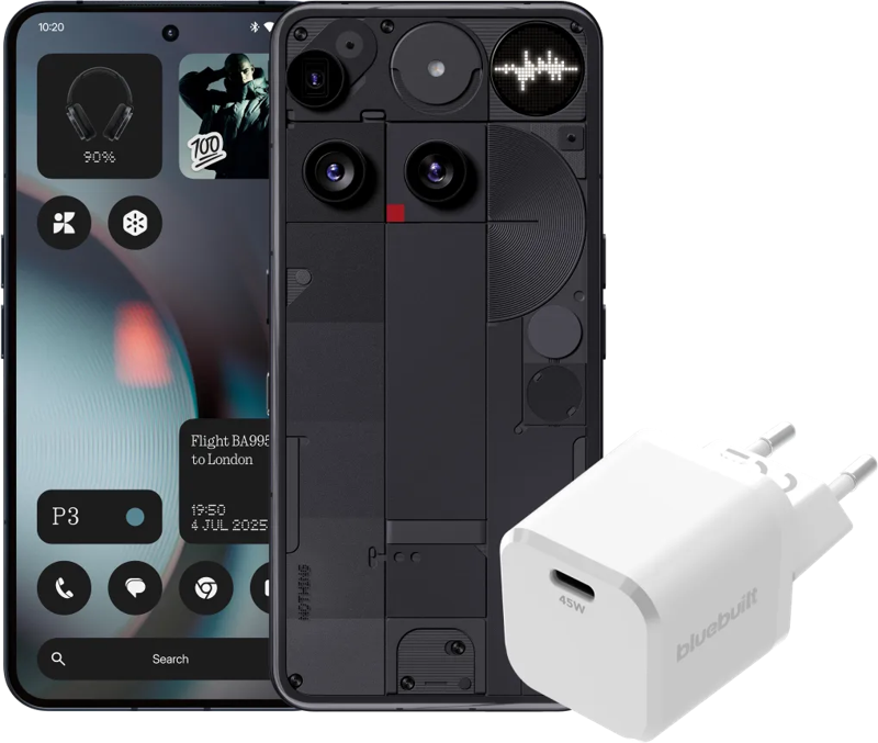 Nothing Tech Nothing Phone (3) 512GB Zwart 5G + BlueBuilt Oplader met Usb C Poort 45W Wit