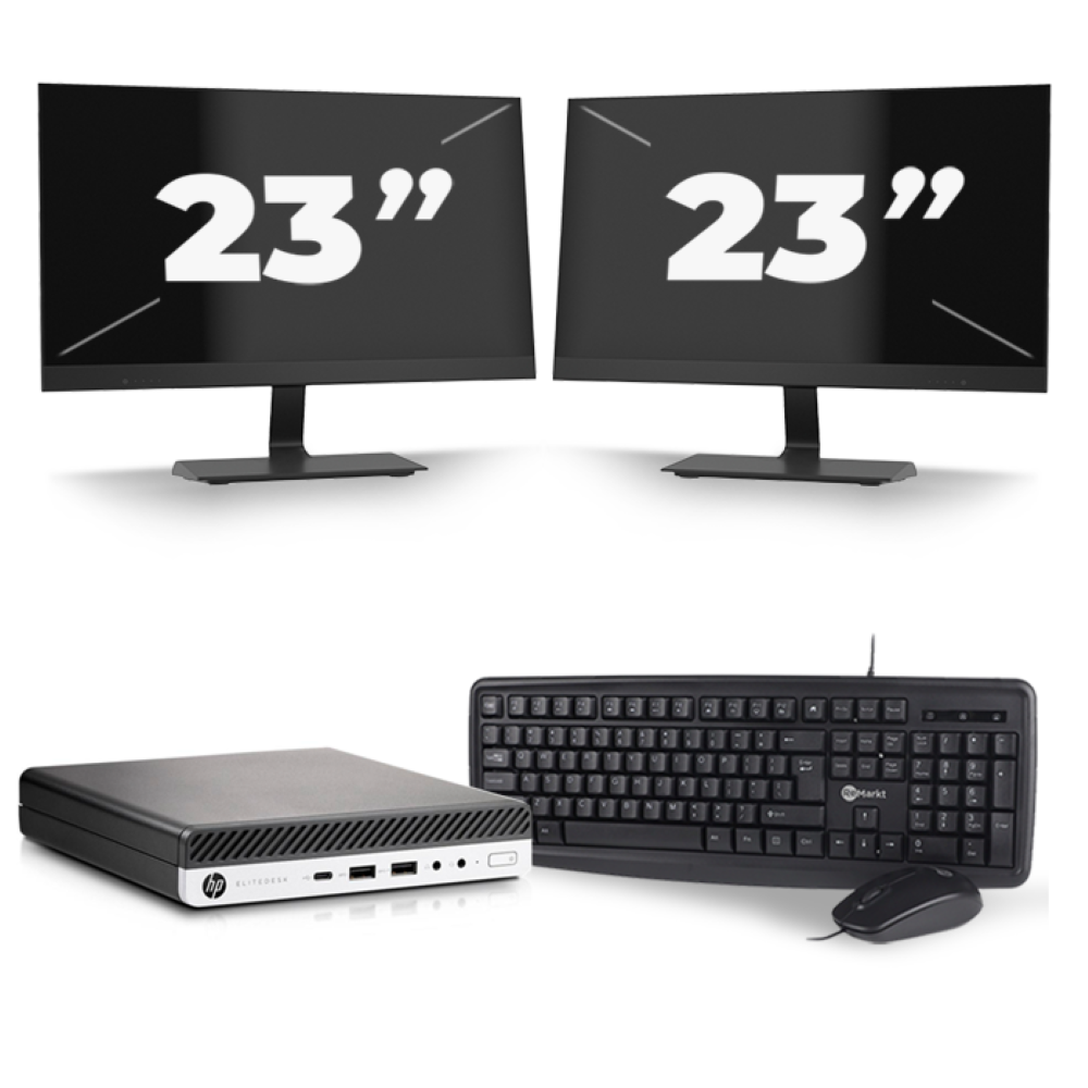 HP EliteDesk 800 G4 USFF - Intel Core i5-8e Generatie - 16GB RAM - 256GB SSD - Windows 11 + 2x 23 inch Monitor