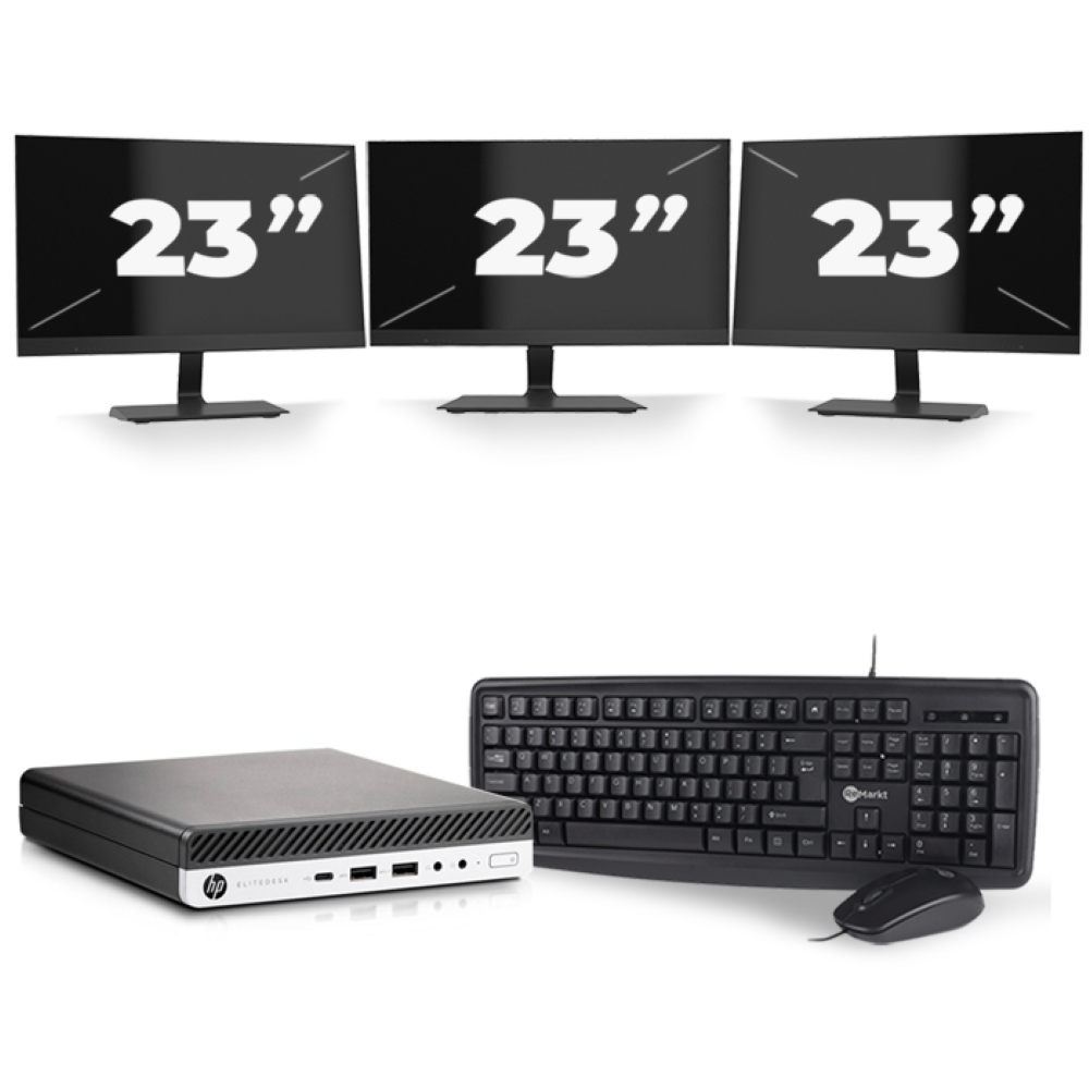 HP EliteDesk 800 G4 USFF - Intel Core i5-8e Generatie - 16GB RAM - 256GB SSD - Windows 11 + 3x 23 inch Monitor