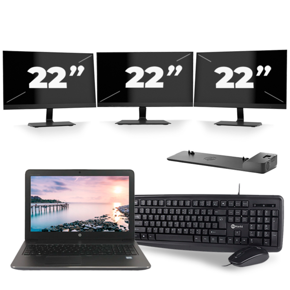 HP ZBook 15u G3 - Intel Core i7-6e Generatie - 15 inch - 16GB RAM - 256GB SSD - Windows 11 + 3x 22 inch Monitor
