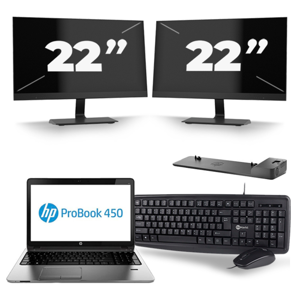 HP ProBook 450 G1 - Intel Core i5-4e Generatie - 15 inch - 8GB RAM - 256GB SSD - Windows 11 + 2x 22 inch Monitor