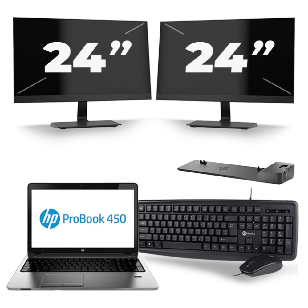 HP ProBook 450 G1 - Intel Core i5-4e Generatie - 15 inch - 8GB RAM - 256GB SSD - Windows 11 + 2x 24 inch Monitor