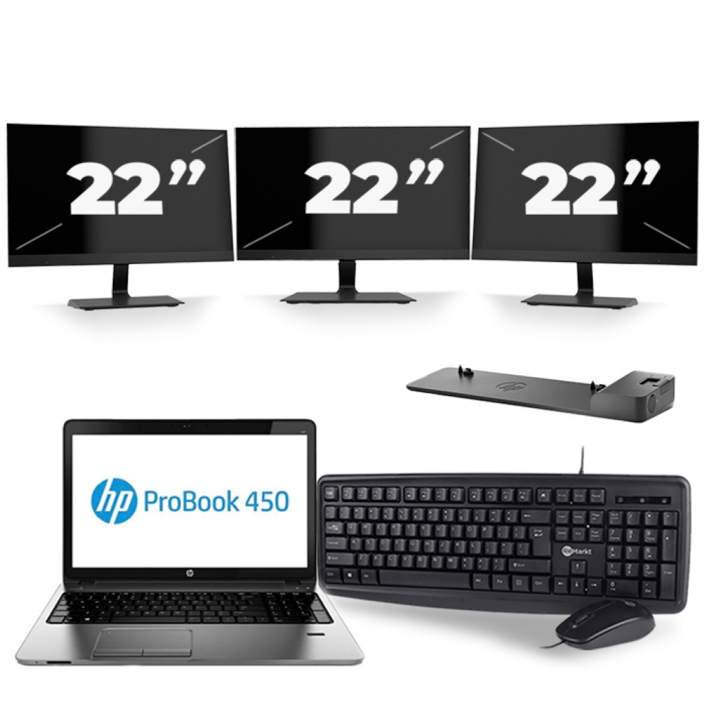 HP ProBook 450 G1 - Intel Core i5-4e Generatie - 15 inch - 8GB RAM - 256GB SSD - Windows 11 + 3x 22 inch Monitor