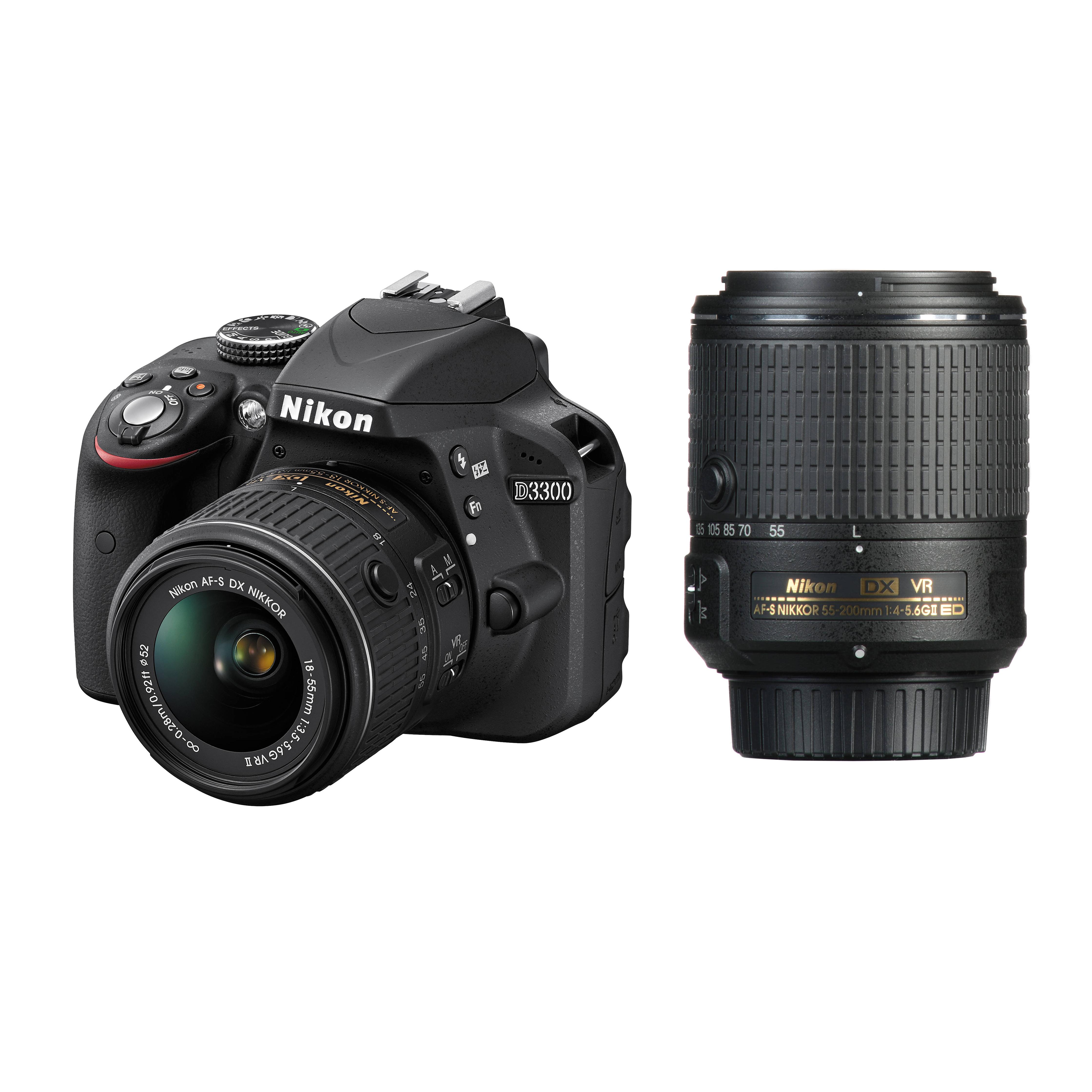 Nikon D3300 DSLR Camera + AF-S DX 18-55mm f/3.5-5.6G VR II + AF-S DX 55-200mm f/4-5.6G ED VR II Zoomlens zwart