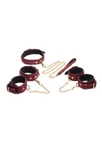 Master Series 6-delige BDSM Suede Boeienset Met Collar En Riem - Bordeaux