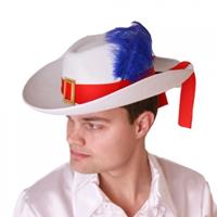 Bellatio Witte musketier hoed met rode band en paarse veer