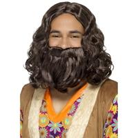 Smiffys Bruine hippie pruik en baard voor heren