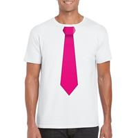 Shoppartners Wit t-shirt met roze stropdas heren Wit