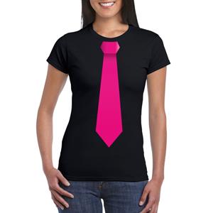 Shoppartners Zwart t-shirt met roze stropdas dames Zwart