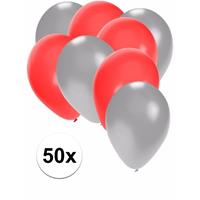 Shoppartners 50x ballonnen zilver en rood Multi