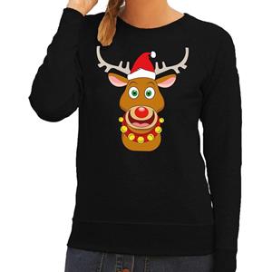 Shoppartners Foute kersttrui rendier Rudolf met rode kerstmuts zwart dames Zwart
