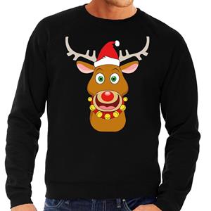 Shoppartners Foute kersttrui rendier Rudolf met rode kerstmuts zwart heren (48) Zwart
