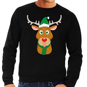 Shoppartners Foute kersttrui rendier Rudolf met groene kerstmuts zwart heren (48) Zwart
