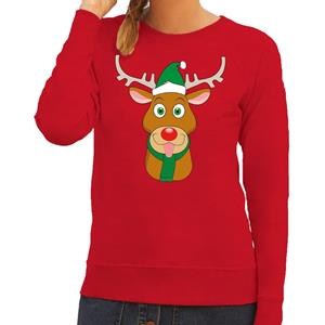 Shoppartners Foute kersttrui rendier Rudolf met groene kerstmuts rood dames Rood