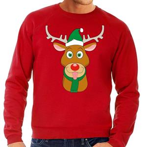 Shoppartners Foute kersttrui rendier Rudolf met groene kerstmuts rood heren (48) Rood