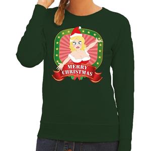 Shoppartners Foute kersttrui groen Merry Christmas kerstvrouw voor dames