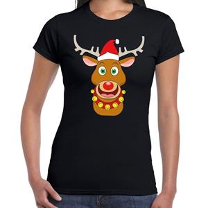 Shoppartners Foute Kerst t-shirt kerstman en rendier Rudolf zwart dames Zwart