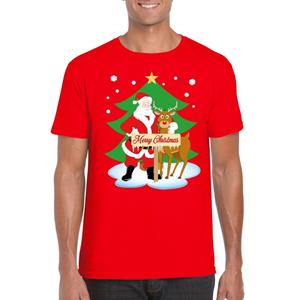 Shoppartners Foute Kerst t-shirt kerstman en rendier Rudolf rood heren Rood