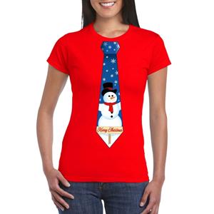 Shoppartners Fout kerst t-shirt rood met sneeuwpop stropdas voor dames