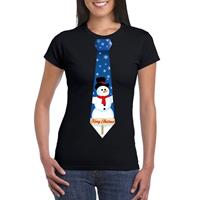 Shoppartners Fout kerst t-shirt zwart met sneeuwpop stropdas voor dames