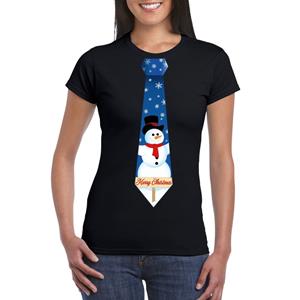 Shoppartners Fout kerst t-shirt zwart met sneeuwpop stropdas voor dames