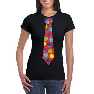 Shoppartners Kerst t-shirt stropdas met kerstballen print zwart voor dames