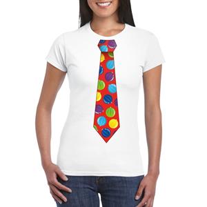 Shoppartners Kerst t-shirt stropdas met kerstballen print wit voor dames