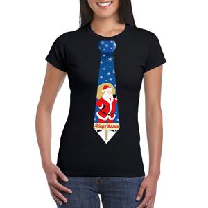 Shoppartners Foute Kerst t-shirt stropdas met kerstman print zwart voor dames