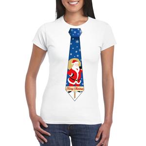 Shoppartners Foute Kerst t-shirt stropdas met kerstman print wit voor dames