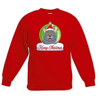 Shoppartners Kersttrui Merry Christmas grijze kat / poes kerstbal zwart kinde (122/128) Groen