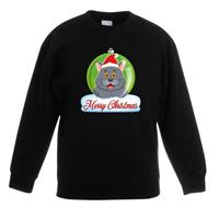 Shoppartners Kersttrui Merry Christmas grijze kat / poes kerstbal zwart kinde 9-11 jaar (134/146) Groen