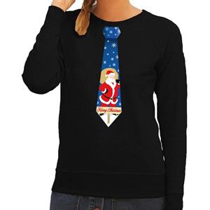 Shoppartners Foute kersttrui stropdas met kerstman print zwart voor dames