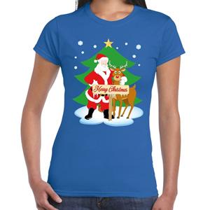 Shoppartners Foute Kerst t-shirt kerstman en rendier Rudolf blauw dames Blauw