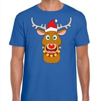 Shoppartners Foute Kerst t-shirt rendier Rudolf rode kerstmuts blauw heren Blauw