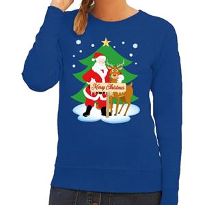 Shoppartners Foute kersttrui kerstman en rendier Rudolf blauw dames Blauw