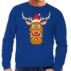 Shoppartners Foute kersttrui rendier Rudolf met rode kerstmuts blauw heren (48) Blauw