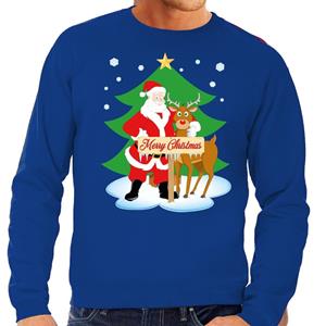 Shoppartners Foute kersttrui kerstman en rendier Rudolf blauw heren (48) Blauw