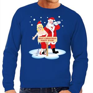 Shoppartners Foute kersttrui dronken kerstman en kerstvrouw blauw heren (48) Blauw