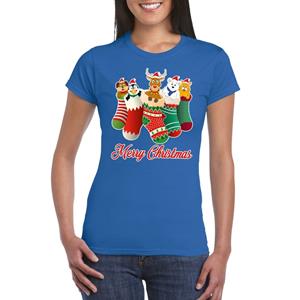 Shoppartners Foute Kerst t-shirt kerstsokken merry christmas blauw voor dames