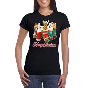 Shoppartners Foute Kerst t-shirt kerstsokken merry christmas zwart voor dames