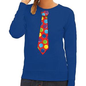 Shoppartners Foute kersttrui stropdas met kerstballen print blauw voor dames