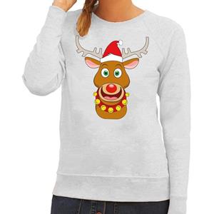 Shoppartners Foute kersttrui rendier Rudolf met rode kerstmuts grijs dames Grijs