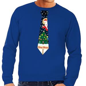 Shoppartners Foute kersttrui stropdas met kerst print blauw voor heren